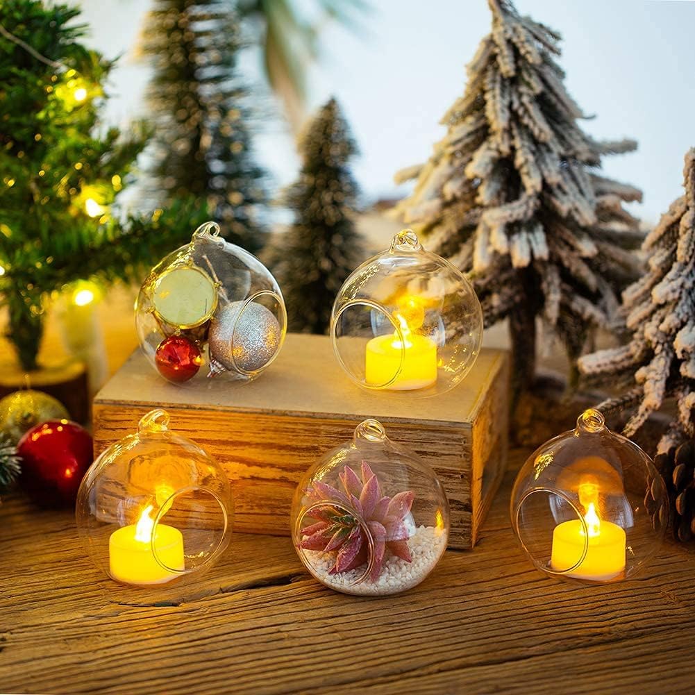 Sziqiqi Hanging Glass Globes Orbs Tea Light Candle Holders with Flameless LED Tealight for Wedding Ornaments Wedding Birthday Christmas Party Centerpiece Accessory 3.15in 100pcs