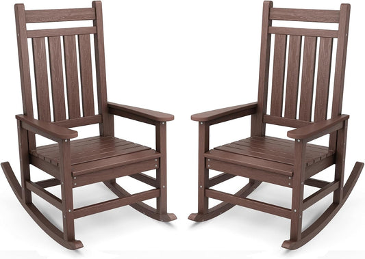 SERWALL HDPE Outdoor Rocking Chair Set of 2, Oversized Rocking Chairs, All Weather Resistant Outdoor Rockers for Lawn, Wooden