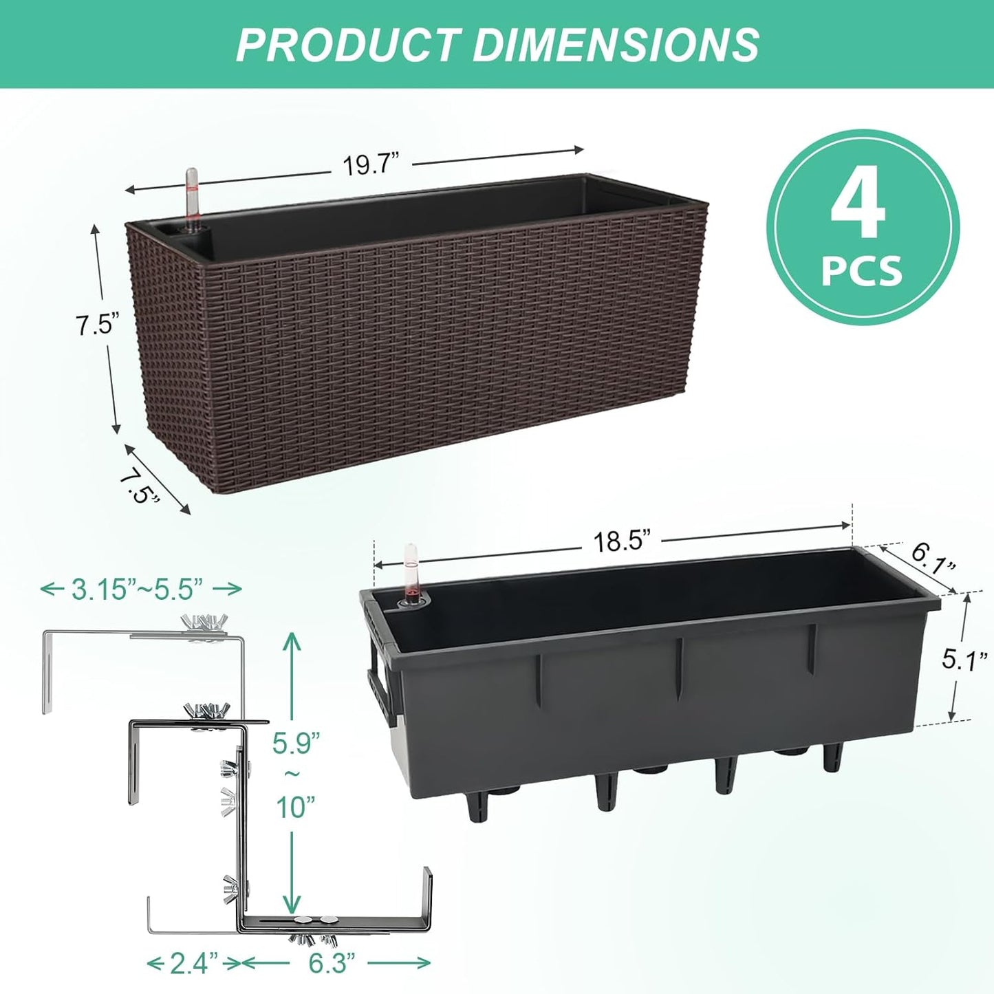 Aoodor 4Pcs 19.5" Rectangular Window Box Wall Mount/Railing Planter, Self-Watering Planter with Adjustable Bracket, for Fence, Balcony, Patio, and Outdoor Decor - Coffee