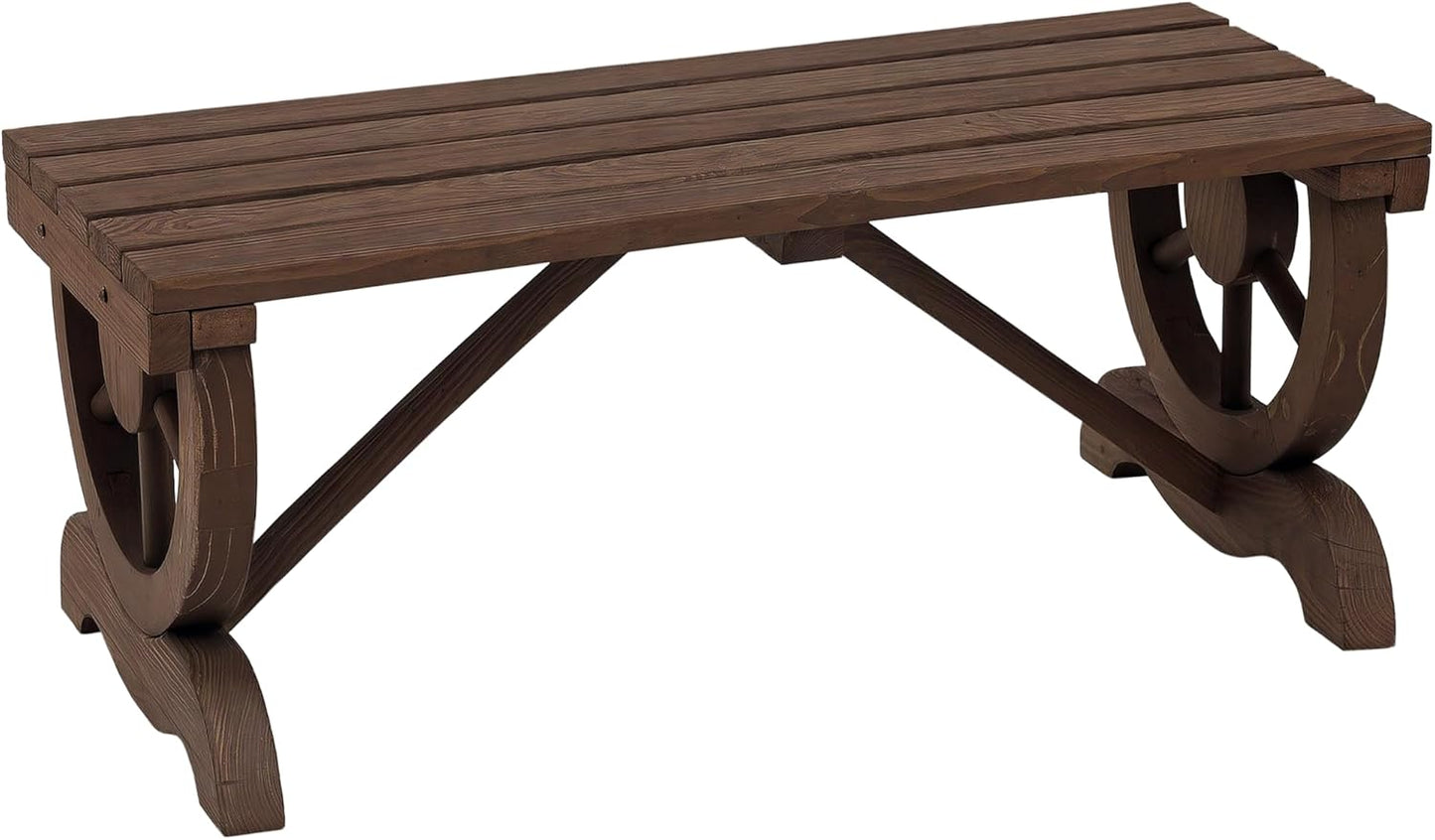 Outsunny 2-Person Wooden Garden Bench, Outdoor Wagon Wheel Porch Bench for Backyard Garden, Support 550 LBS, Rustic Country Style Patio Furniture, Brown