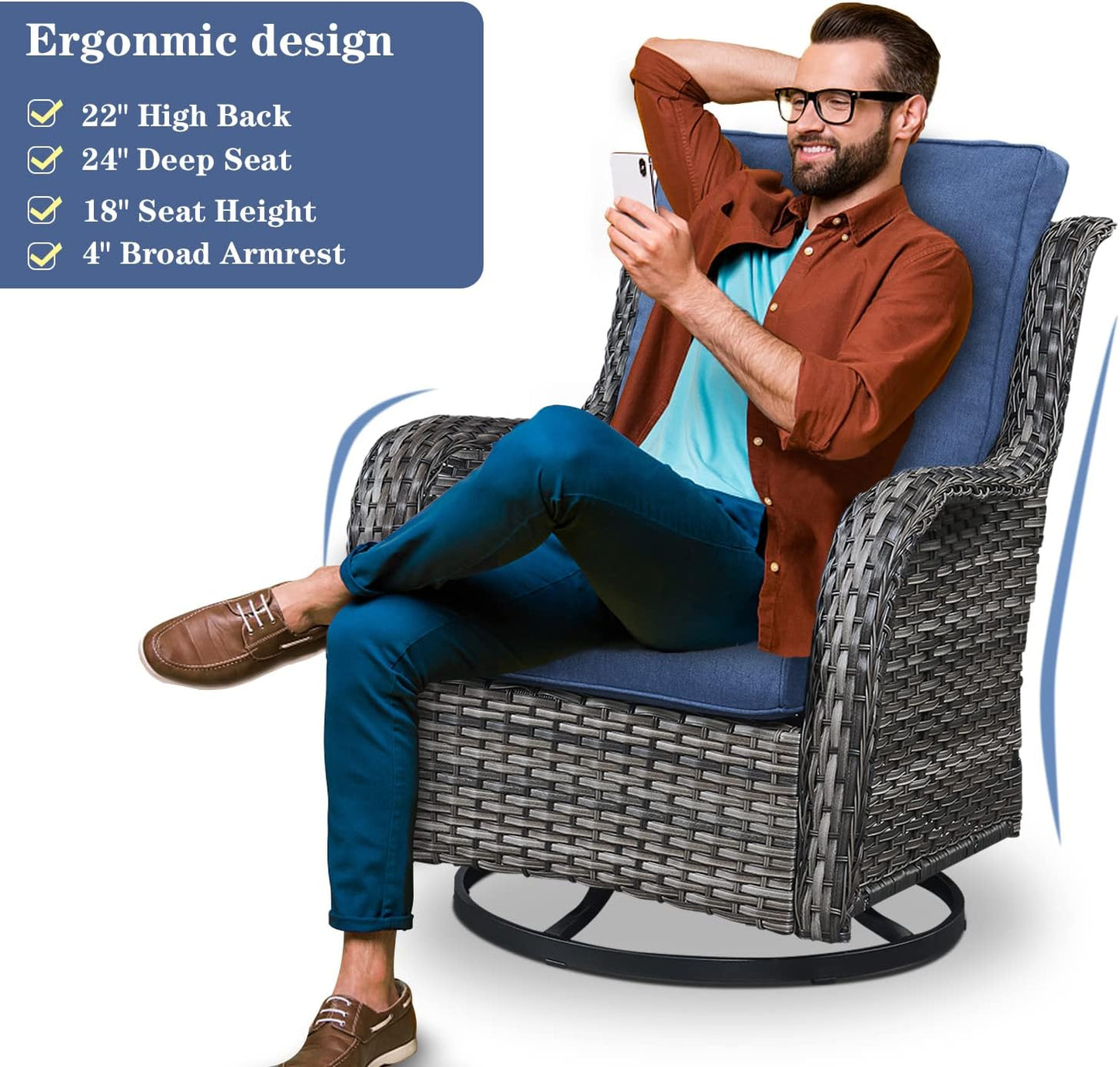 Outdoor Furniture Sectional Sofa L Shaped Couch - Patio Wicker Set with 2 Swivel Glider Chairs, 5 Piece Rattan Patio Conversation Sets with Blue Cushion for Deck Backyard Sunroom