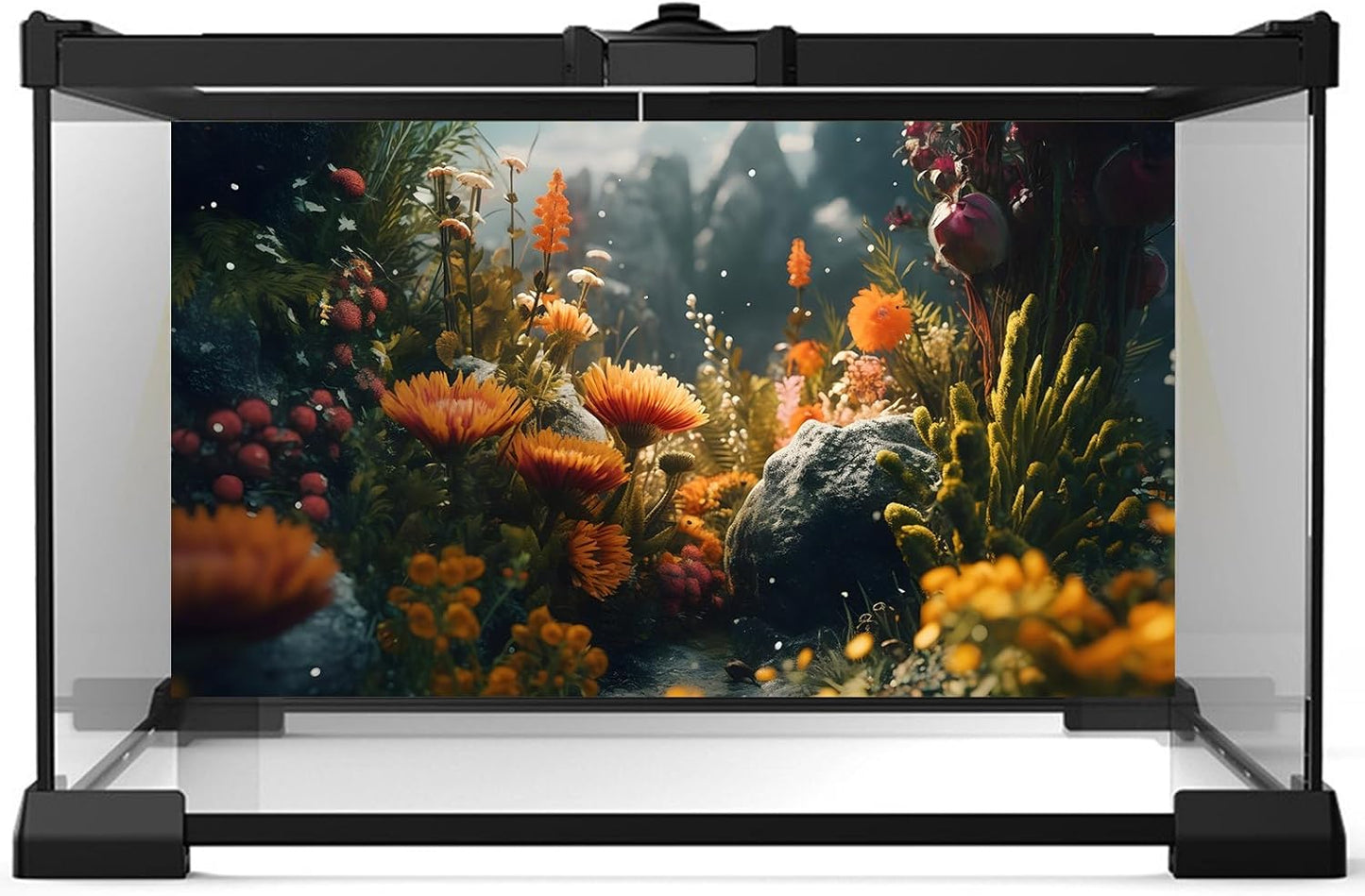 Foggy Stone Terrarium Background Green Seaweed Scenery Orange Floral Aquarium Background Durable Reptile Habitat Flower Background Mysterious Tank Backdrop Vinyl 48x20in