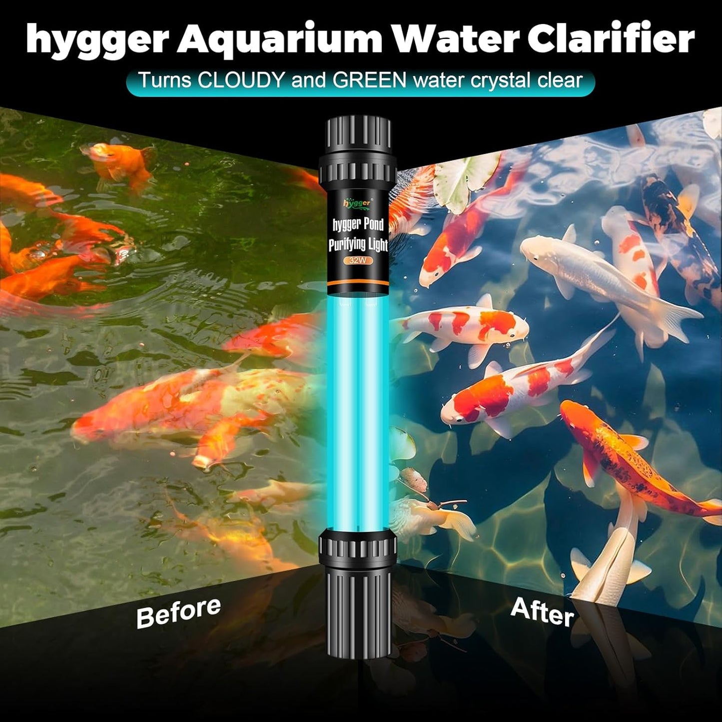 hygger 32W Aquarium U-V Light for 200-2200 Gallon, Pond Water Clarifier for Green Water and Algae Clean, for Koi Pond, Large Fish Tank, Swimming Pool, Cold Plunge, Spa
