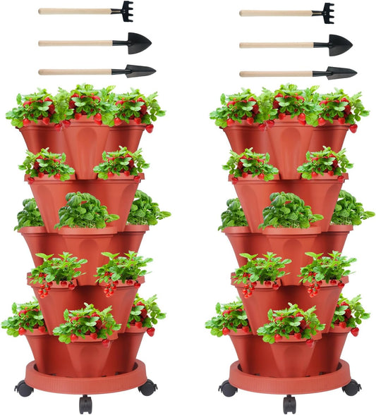 DUNCHATY 5 Tier Plant Pot, Vertical Garden Planter, Strawberry Planter, Indoor/Outdoor Planters, 2 Set, Brick Red, 29 x 13.6 x 13.6 inches