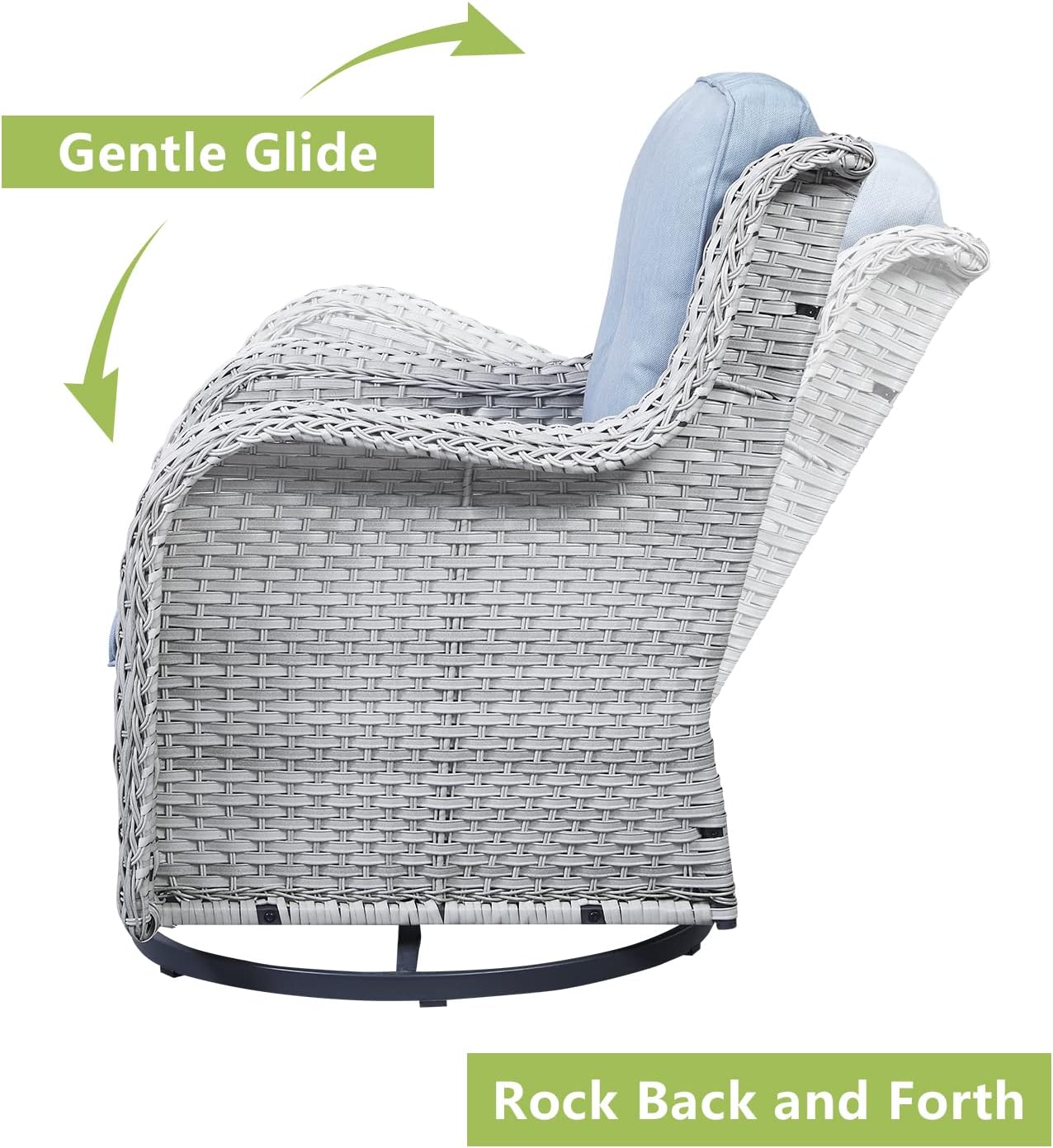 Outdoor Patio Swivel Rocker Chairs - 3 Piece Patio Bistro Set,Wicker Patio Furniture Set with 2 Swivel Rocking Chairs and 1 Glass Top Side Table for Deck Porch Garden,Light Grey/SkyBlue