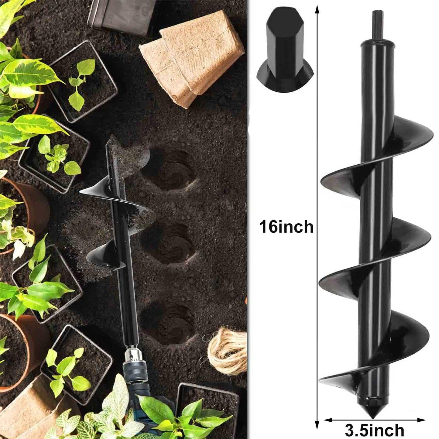 TCBWFY Auger Drill Bit for Planting 3.5"x16",Extended Length Garden Auger Spiral Drill Bit for Planting Bulbs Flowers,Planting Auger for Drill Post Hole Digger for 3/8”Hex