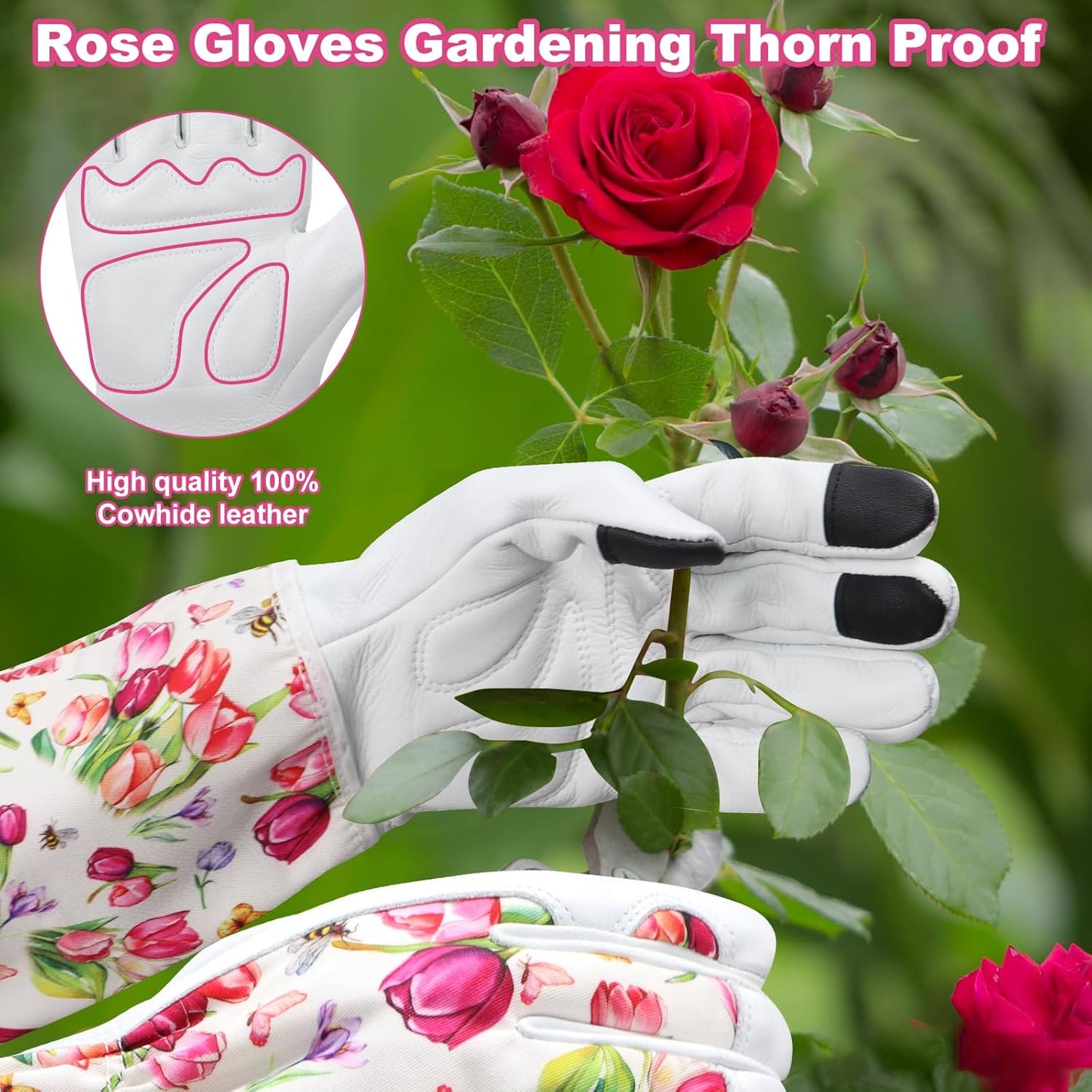 DLY Gardening Gloves for Women, Rose Gloves Gardening Thorn Proof, Long Garden Gloves for Women, Breathable Cowhide Leather Gauntlet(Large,White)