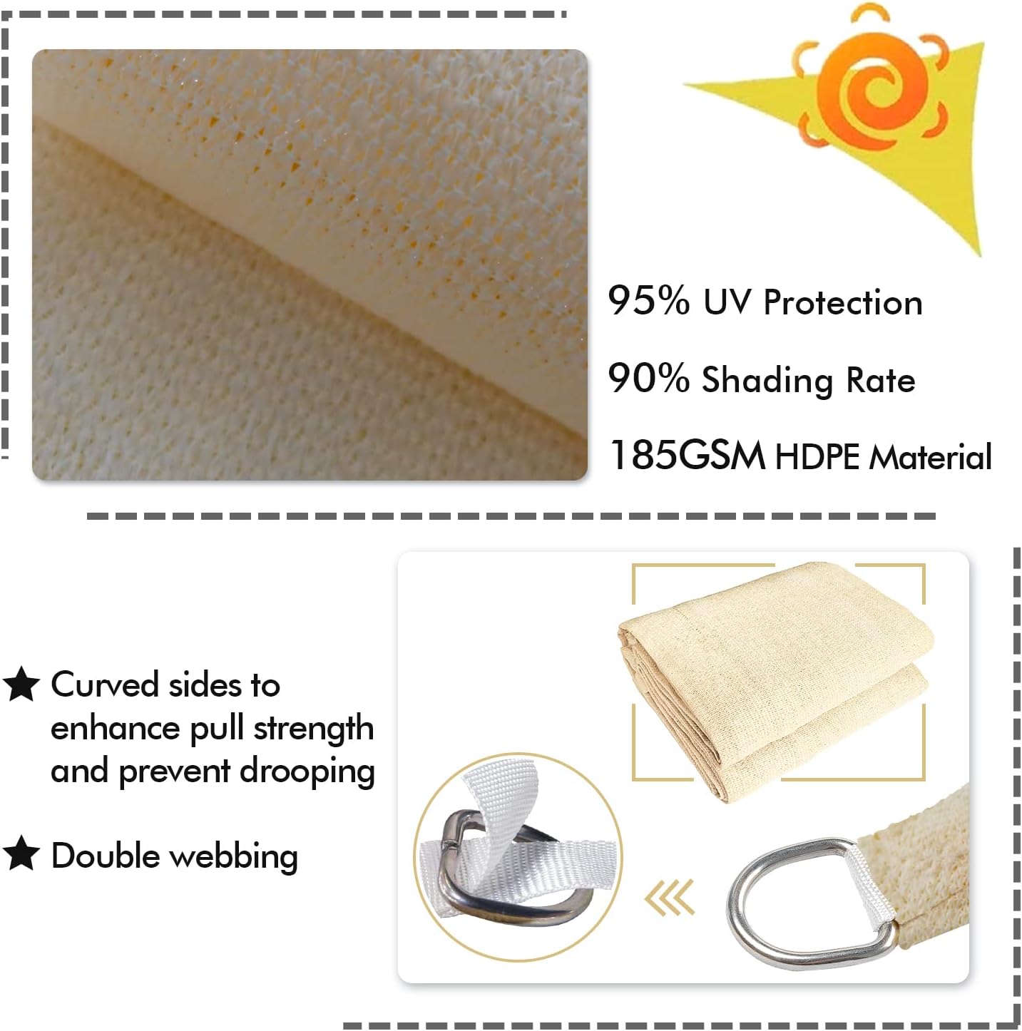 KANAGAWA Sun Shade Sail 10'x10' Cream Rectangle UV Block Canopy Awning Shelter Fabric Cloth Screen for Outdoor Patio Garden Backyard