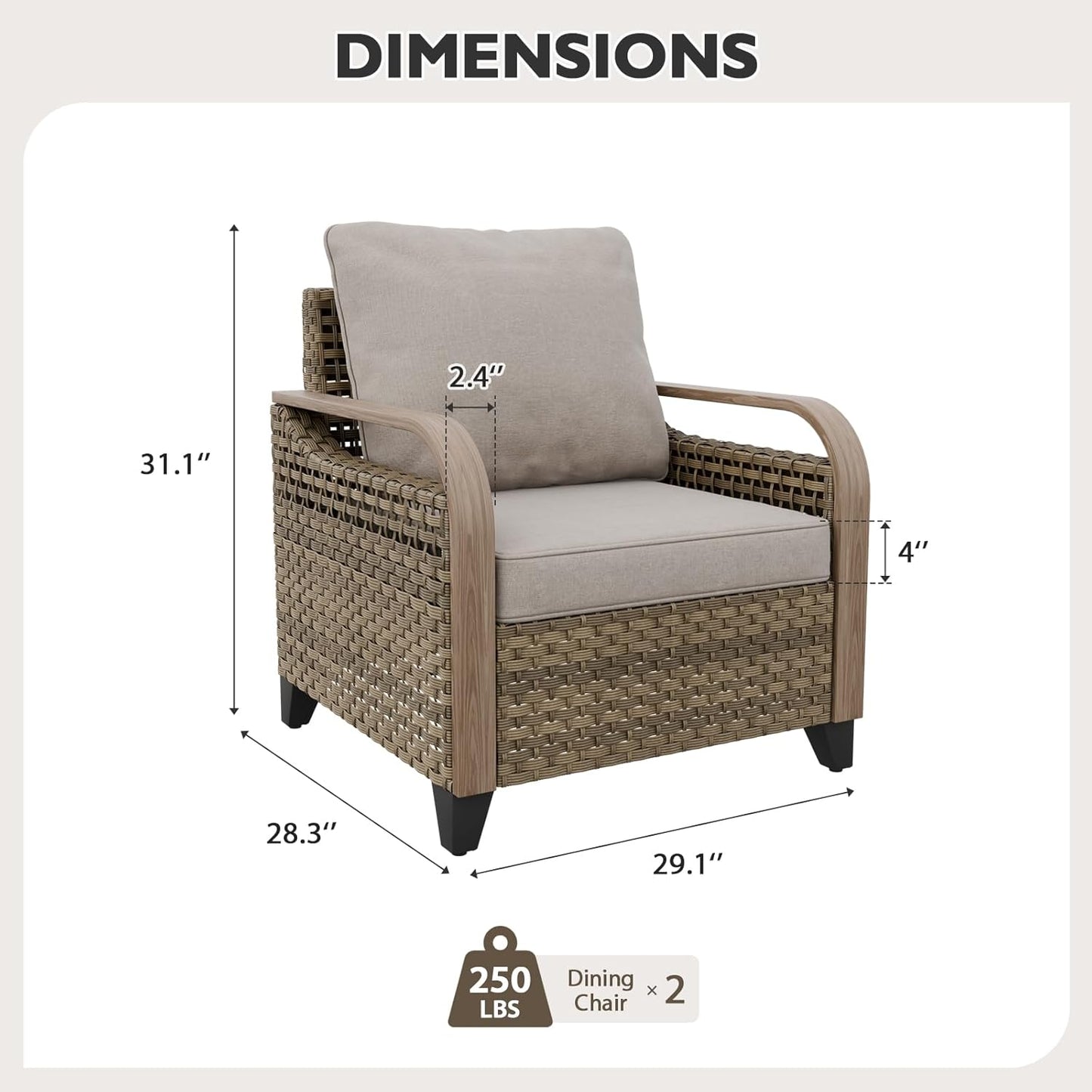 EAGLE PEAK Modern Wicker Outdoor Chair, Patio Chair Curved Armrest, Rattan Patio Furniture for Yard Deck Porch Garden, 2 Chairs, Brown/Gray