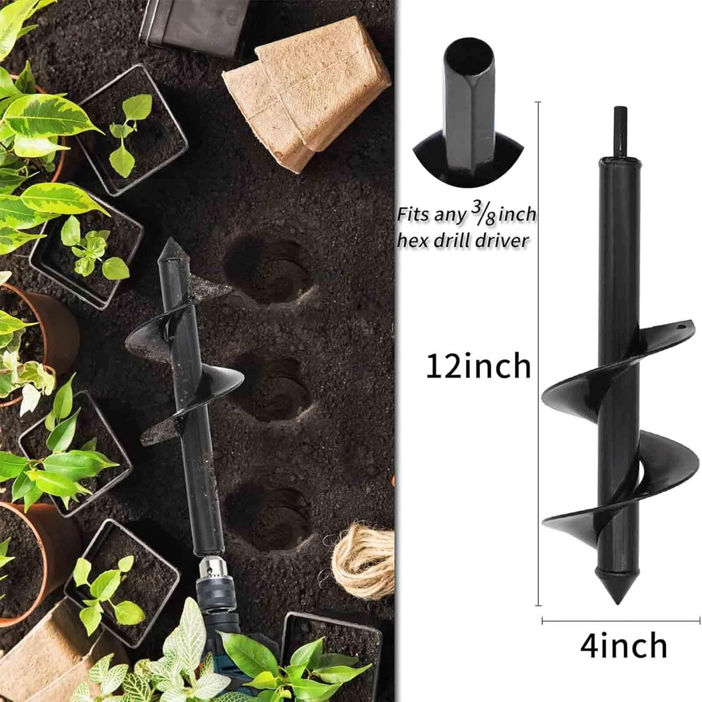 TCBWFY 4x12inch Auger Drill Bit for Planting,Heavy Duty Garden Auger Spiral Drill Bit Bulb Planter Tool for Planting Bedding Plants,Universal for Cordless Drill