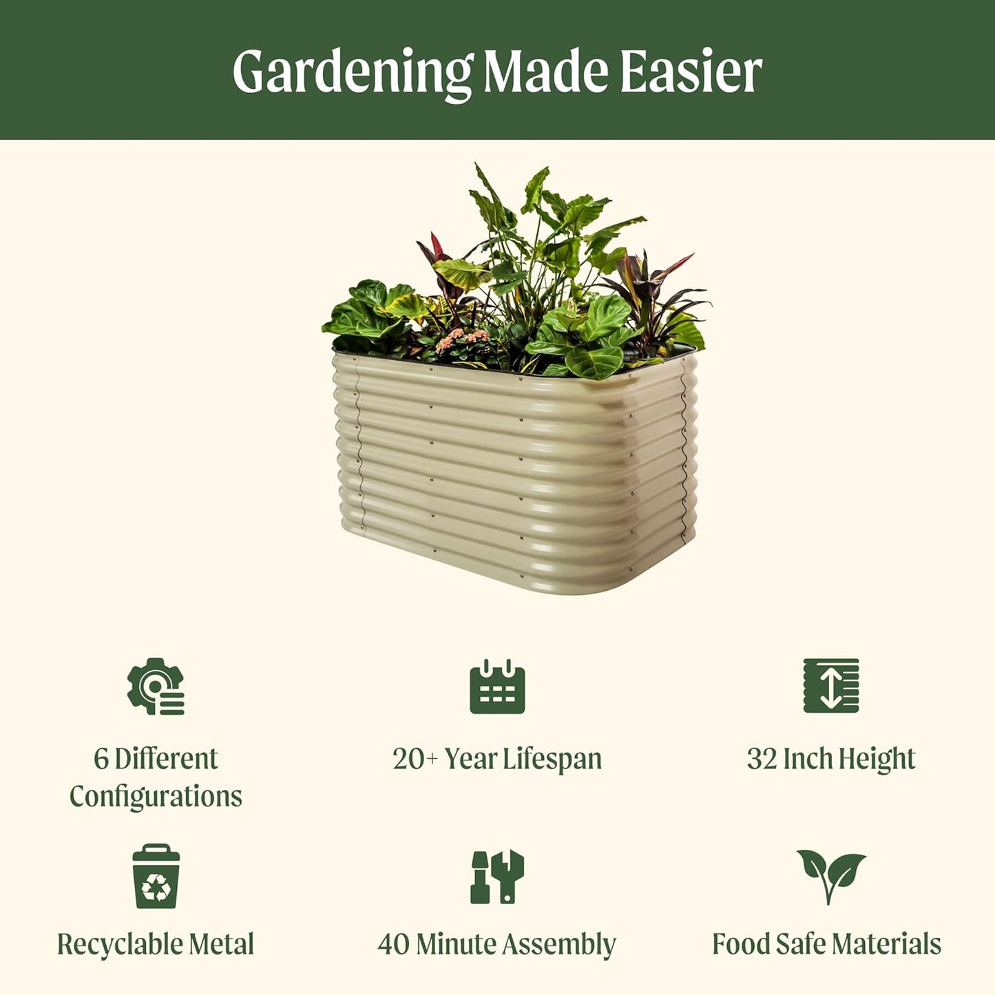 Vego garden 32" Extra Tall Raised Garden Bed Kits, 6 in 1 Modular Raised Planter Box for Vegetables Flowers Fruits Oval Metal Raised Garden-Olive Green