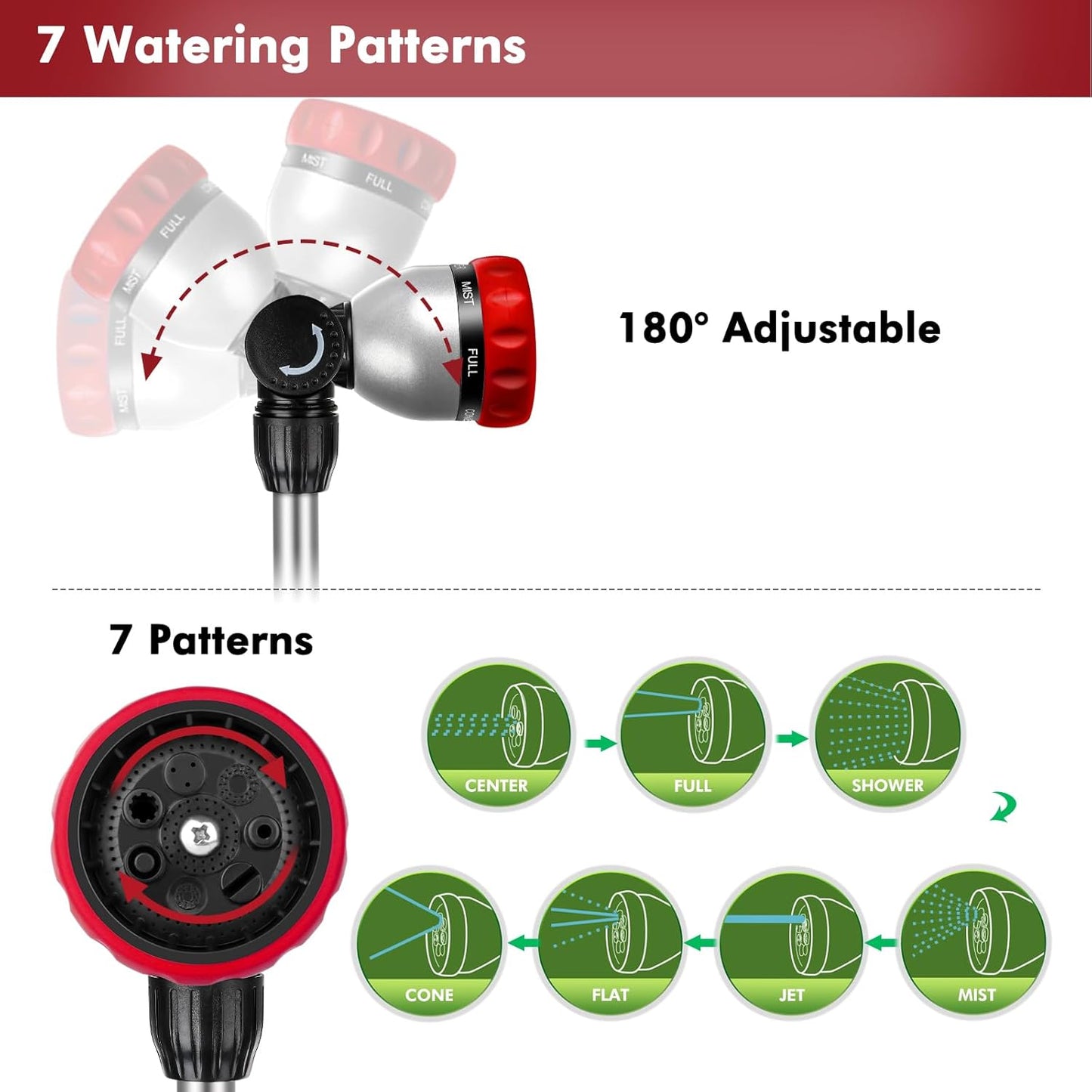 RESTMO Metal Watering Wand, Heavy Duty Garden Hose Wand with 180° Swivel Ratcheting Head, 16'' Hose Nozzle Sprayer with 7 Spray Patterns and Flow Control, for Water Hanging Baskets and Shrubs, Red