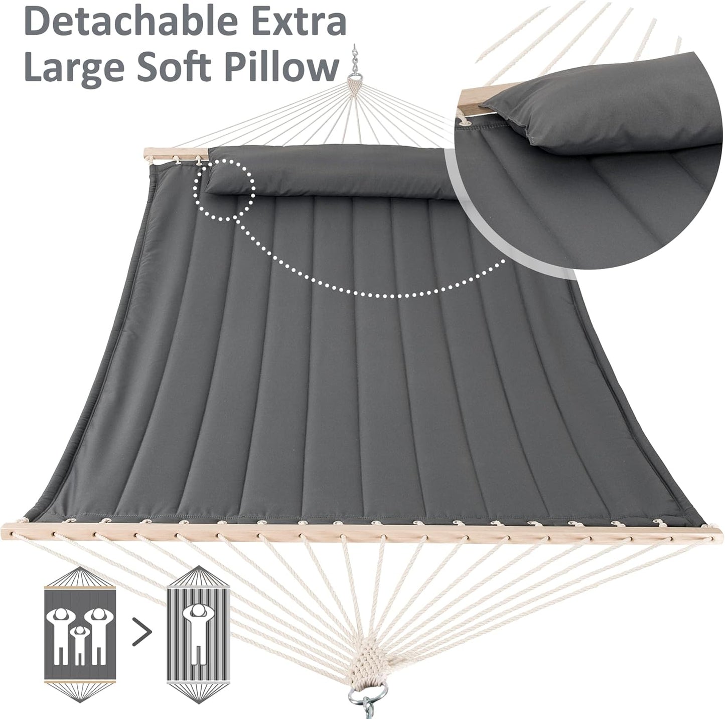 SUNCREAT Heavy Duty Hanging Tree Hammock, 475 lbs Capacity, Two Person Hammock with Large Soft Pillow, Tree Hooks, Gray