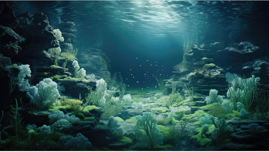 Aquarium Background Underwater Bioluminescent Life Coral Terrarium Backdrop White Coral Lush Moss Fish Tank Background Rock Sunlight Rays Tank Aquarium Wallpaper Poster Vinyl 48x24in