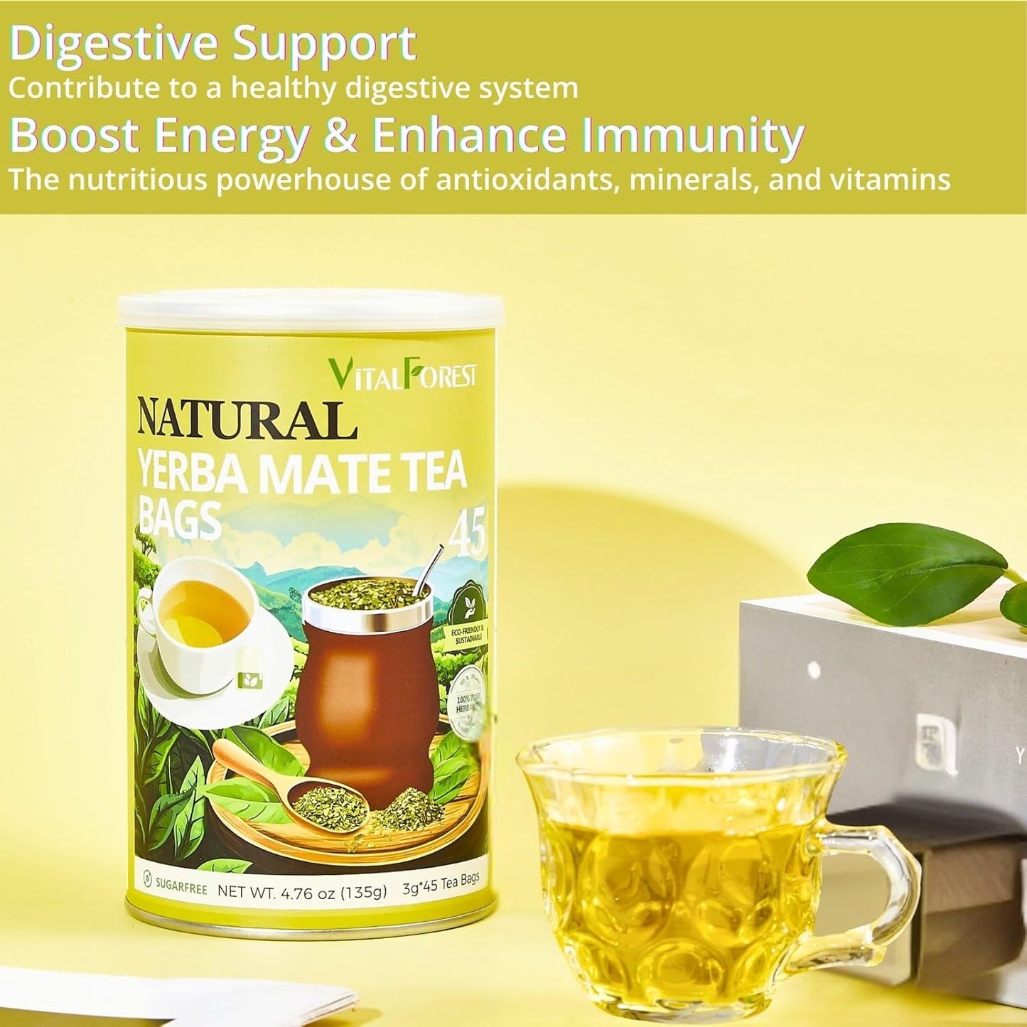 VitalForest 45 Yerba Mate Tea Bags, Unsmoked Yerba Mate from Rainforest, Energy Burst Yerba Tea Argentina, NO Dust, NO Stems, Rich In Antioxidants