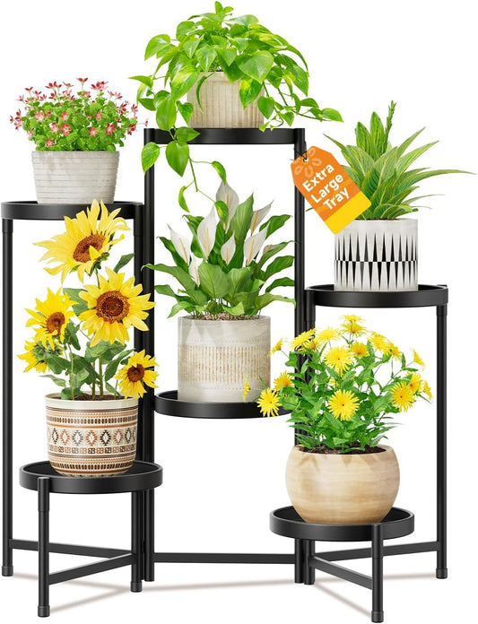 LASZOLA 6 Tiered Folding Plant Stand Indoor for Multiple Large Planter, Tall Heavy Duty Adjustable Rack with Rust Proof 10 Inch Wide Tray, Sturdy Vertical Tree Organizer for Narrow Inside Floor, Black