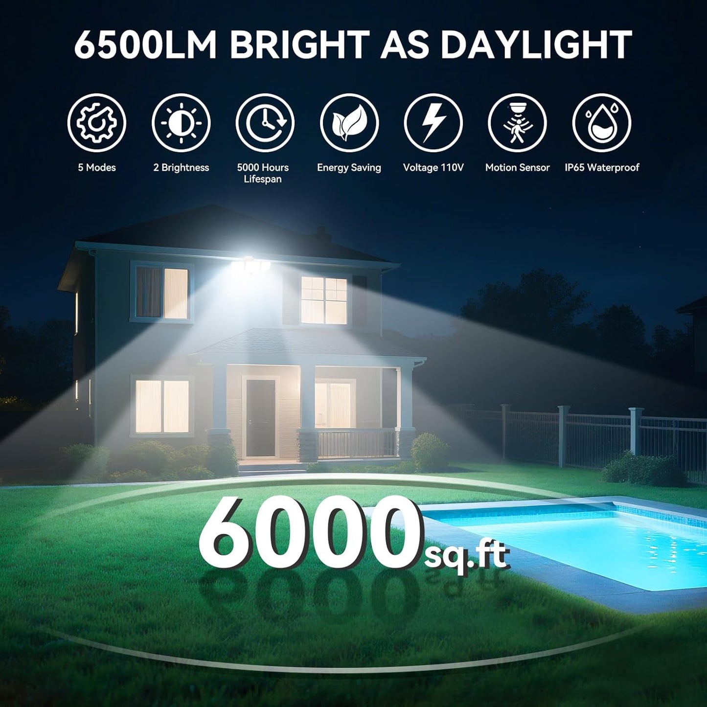 65W LED Flood Light Outdoor, 6500LM, Waterproof, 6500K Motion Sensor Flood Lights Outdoor with Adjustable 3 Head Detected Floodlight for Outside Entryway Garage, Yard, Porch, White, 2 Pack