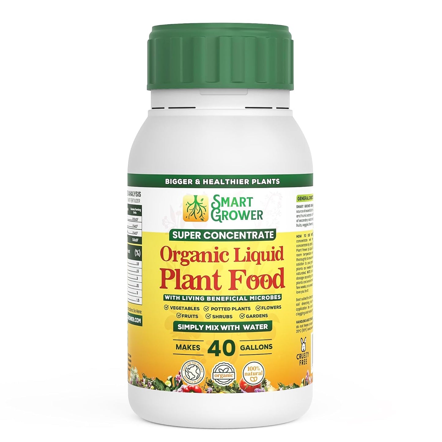 Organic Liquid Plant Food for Indoor Plants & Gardens, Natural NPK Fertilizer w/Beneficial Microbes, Rapid Results, Vegan, Best Value Super Concentrate, Smart Grower, Makes 40 Gallons (8 Fl Oz)