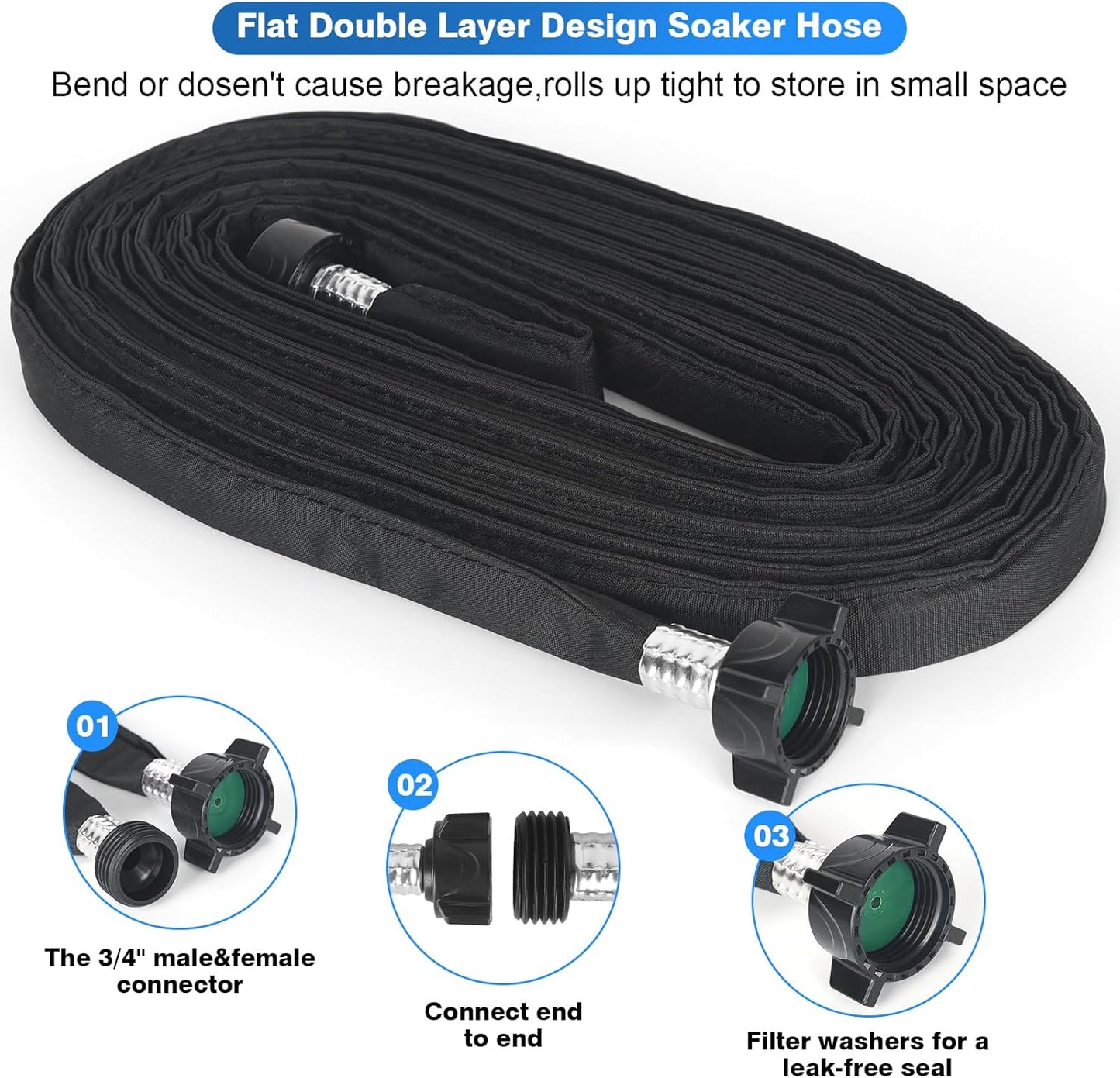Flat Soaker Hose 50FT x 4 PACK,Drip Hose for Garden Beds Linkable Irrigation System Lightweight and Easy Watering for Tree Plant and Save 80% Water for You (200FT)