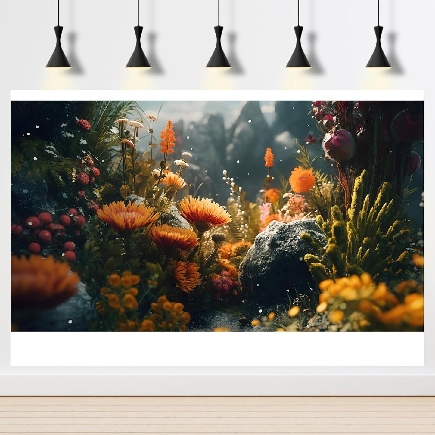 Foggy Stone Terrarium Background Green Seaweed Scenery Orange Floral Aquarium Background Durable Reptile Habitat Flower Background Mysterious Tank Backdrop Vinyl 72x18in