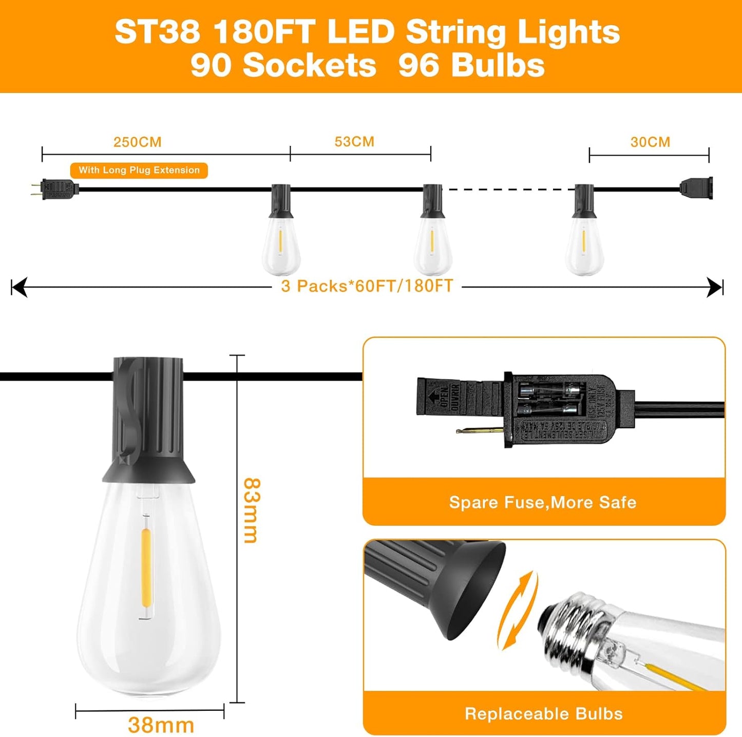GLUROO Outdoor String Lights 180FT, 90+6Pcs Vintage Bulbs Shatterproof 2700K LED Patio String Lights Waterproof, Connectable Edison Style Lights, Hanging Lights for Backyard, Bistro