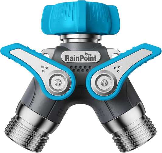 RAINPOINT Garden Hose Splitter, 2 Way Heavy Duty Water Hose Y Spigot Splitter with Shutoff Valves, 100% Metal Body Outdoor Faucet Splitter, 1.9" Extra Long Metal Handle, 3/4" GHT Thread (1, Blue)