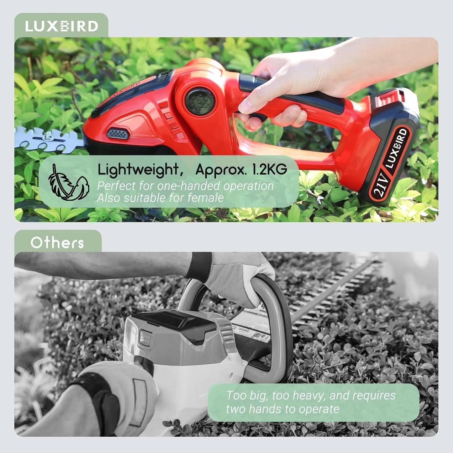 Lxubird Cordless Grass Shears, 2-in-1 Mini Hedge Trimmer Cordless,Light Handheld Grass Trimmer, Electric Shrub Trimmer with 2Pcs Rechargeable Batteries with Case