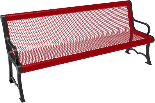 Coated Outdoor Furniture Heavy-Duty Outdoor Bench Thermoplastic Coated, Expanded Metal, Commercial-Grade Garden Bench, Made in America (Portable with Back, 6 Ft, Textured Red)