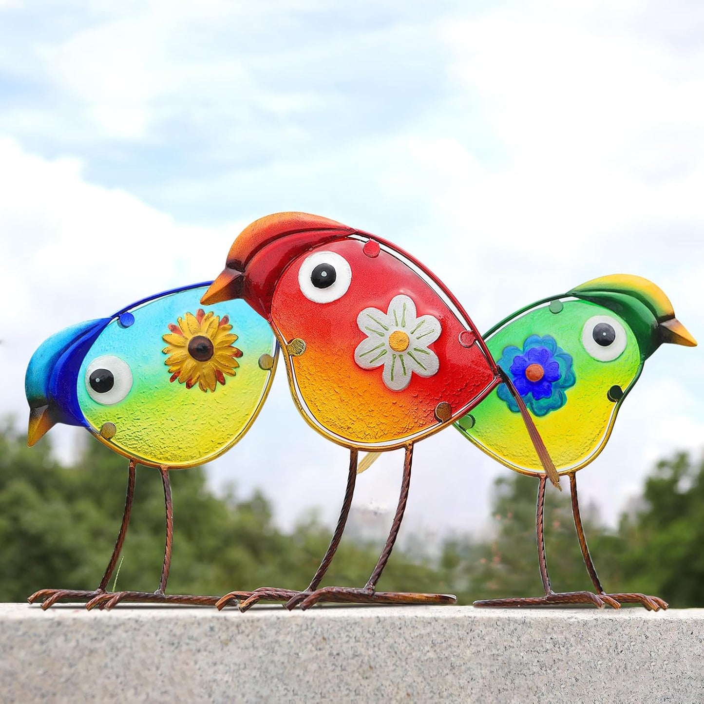 Bird Garden Decor for Outside, Glass & Metal Yard Art Decorations Outdoor Decor for Patio Backyard, Gift for Women Grandma Mom（3 Pack）