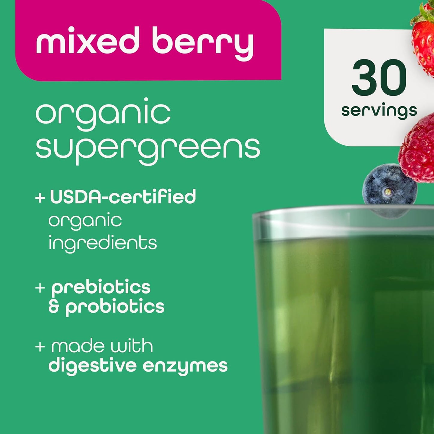 Zena Nutrition Organic Super Greens Powder, 70+ Superfoods, 0 Sugar, 3G Fiber, Spirulina, Chlorella, Antioxidants, Prebiotics/Probiotics, Digestive Enzymes, Mixed Berry, 30 Servings