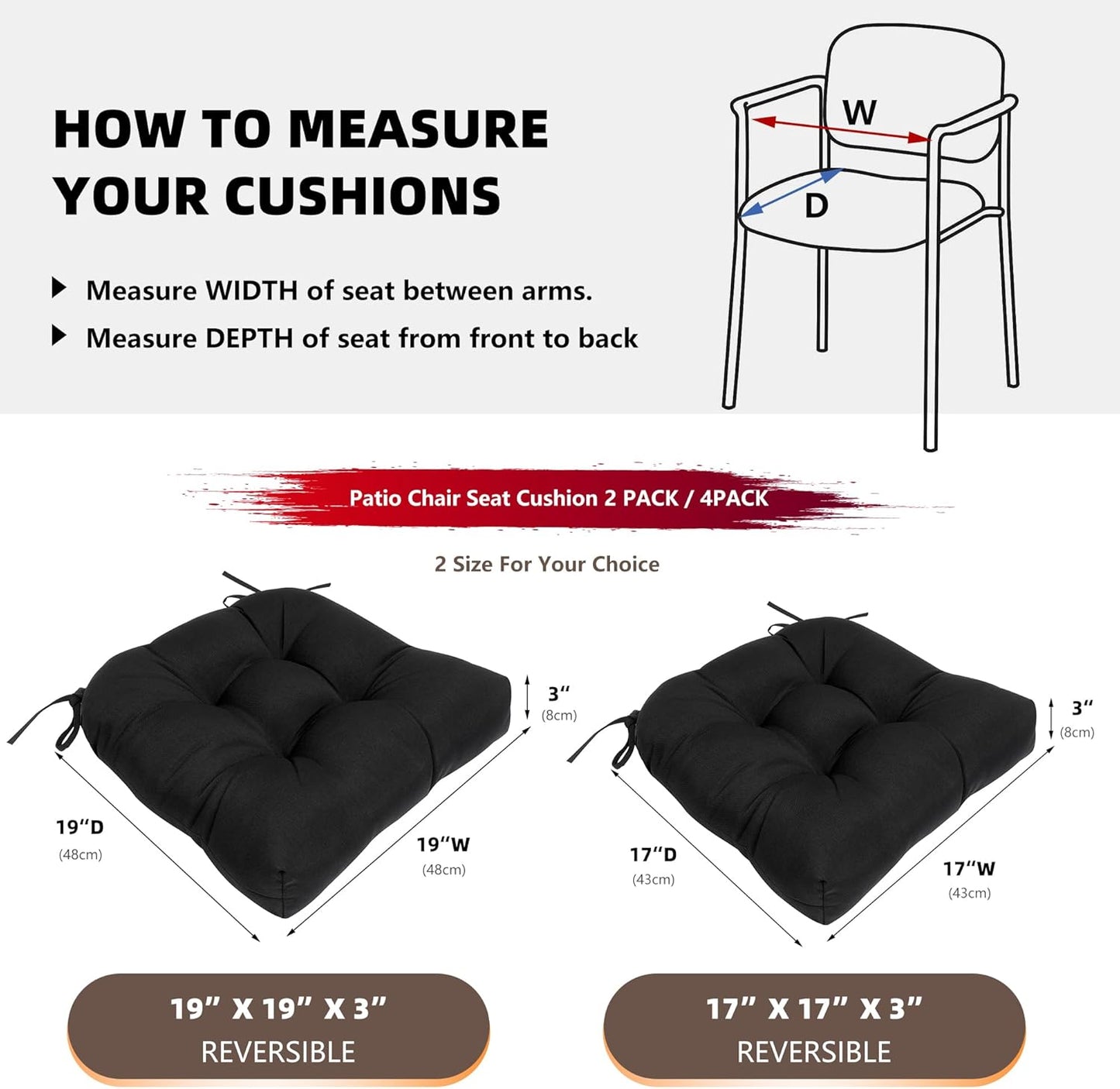RACE LEAF Outdoor Cushions 17" x 17" Patio Chair Seat Pads, Set of 2 Thick Fill Tufted Square Patio Cushions, Water-Resistant Olefin Chair Seat Cushion with Ties for Non-Slip Support, Black