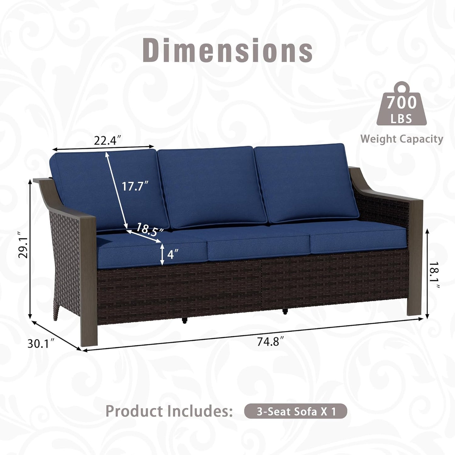 3 Piece Wicker Patio Conversation Set, All-Weather Use Outdoor Wicker Sofa with 2 PE Rattan Chair, Removable Water-Resistant Cushion, Ideal for Porch, Backyard, Balcony, Poolside, Blue