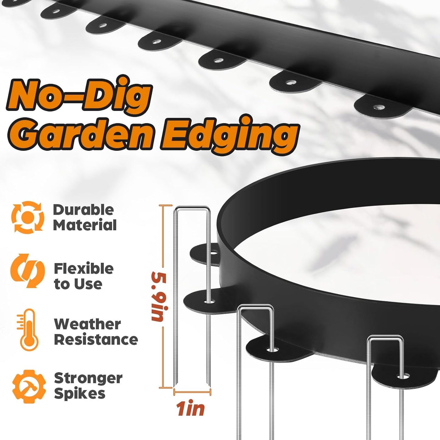 Landscape Edging, 2.0" x 20' Plastic Garden Edging with 20 Pcs Metal Spikes, Flexible Garden Border for Lawn, Landscaping, Flower Beds