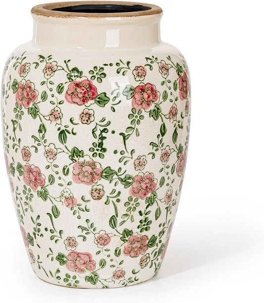 Sungmor Ceramic Flower Vase, Vintage Ice Cracked Glaze Porcelain Vase, Pretty Home Decor Vase for Flower Arrangement, Fresh Flowers, 10.2 Inch Tall Chinoiserie Pottery Vase, Pink Floral Pattern