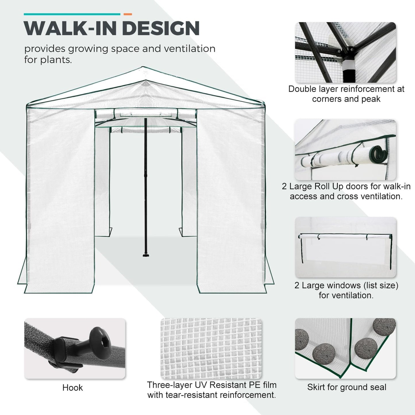 EAGLE PEAK Instant Pop-up Greenhouse, Indoor Outdoor Plant Gardening Green House, Roll-Up Zipper Doors and Side Windows, Walk in 12x8 ft, White/Clear