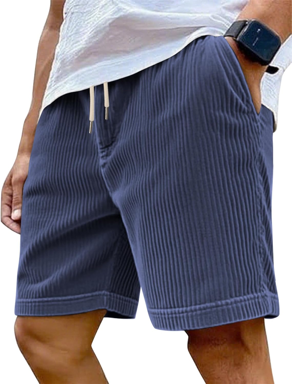 Mens Cargo Shorts Casual Drawstring Elastic Waist Corduroy Summer Beach Shorts with Pockets