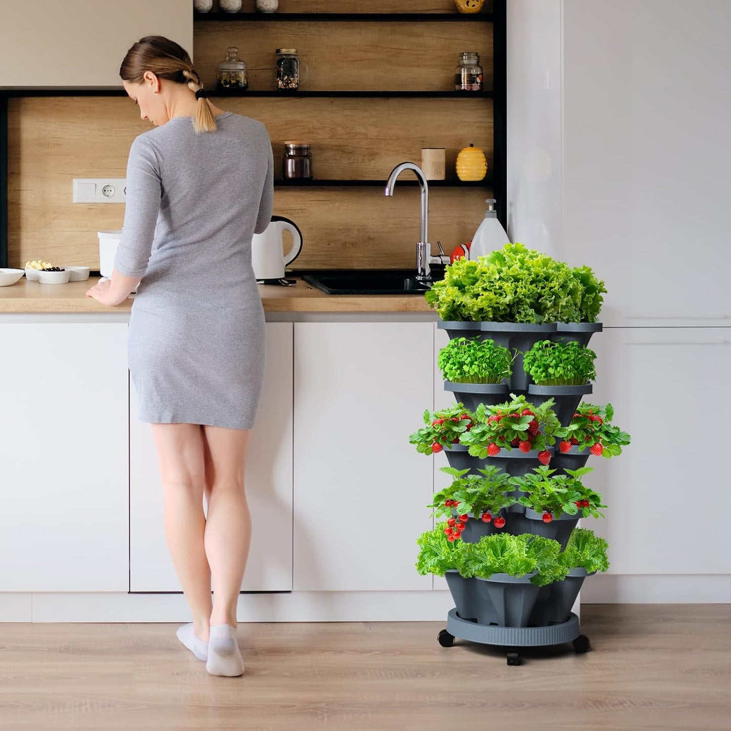 Strawberry Vertical Planters Tower Garden 2 Pack, 5 Tier Stacking Planter with Support Pole, Stackable Herb Planters Indoor Outdoor Dark Grey