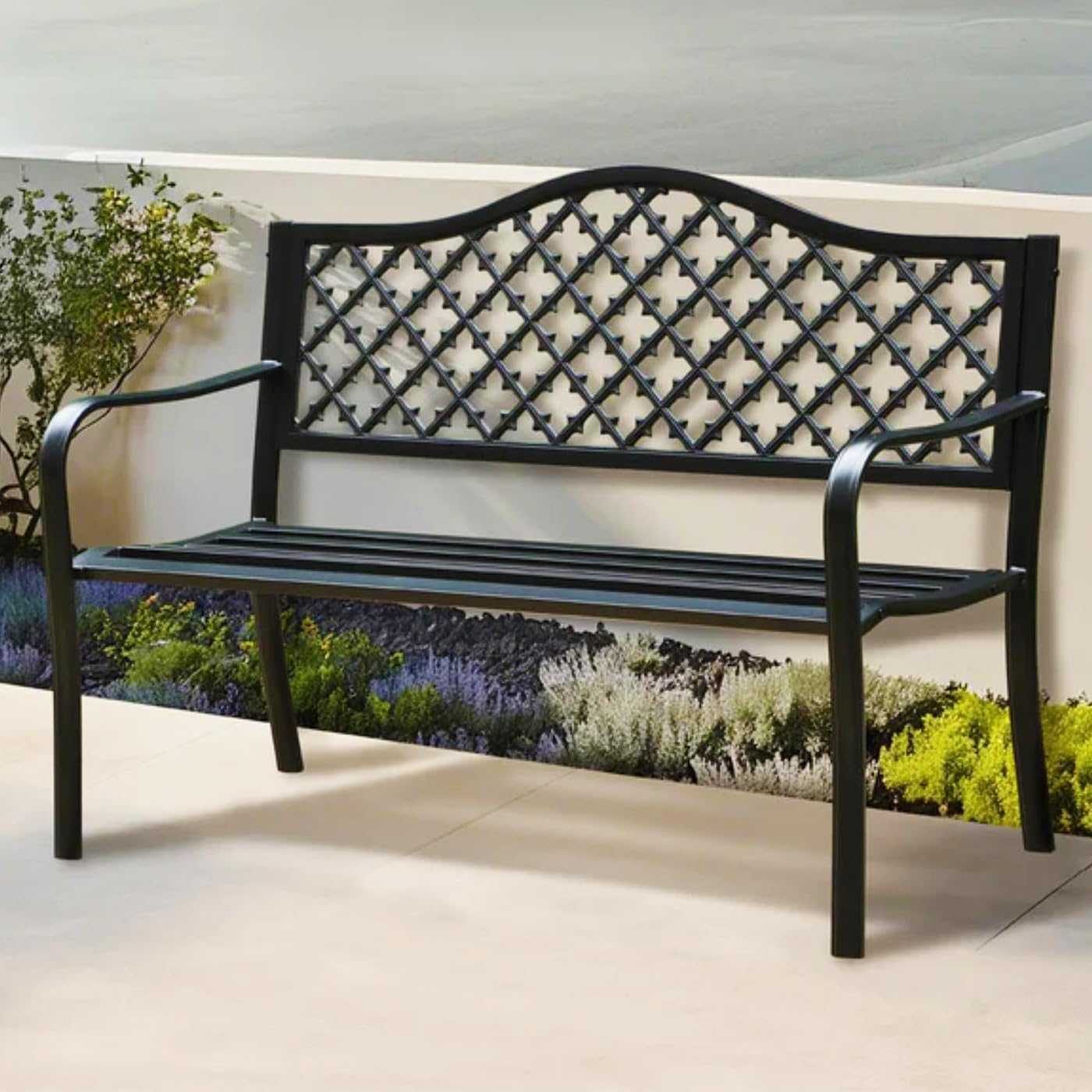 PHI VILLA 50" Outdoor Garden Patio Metal Bench for Outdoors with Plastic Backrest Armrests Sturdy Steel Frame, Black