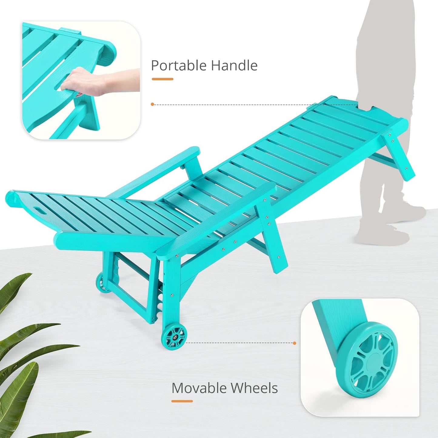 LUE BONA Chaise Lounge Chairs Set with Table, 3-Piece, 79'' Oversized HDPS Chaise Lounger, 5 Positions Adjustable Lounge Chairs, Pool Lounge Chair with Wheels for Poolside, 3 Year Warranty, Aruba Blue