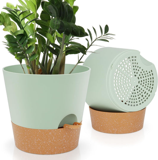 10-Inch Plant Pots, Self-Watering Planters with Drainage Holes & Saucers for Indoor and Outdoor Plants (2-Pack, Green)
