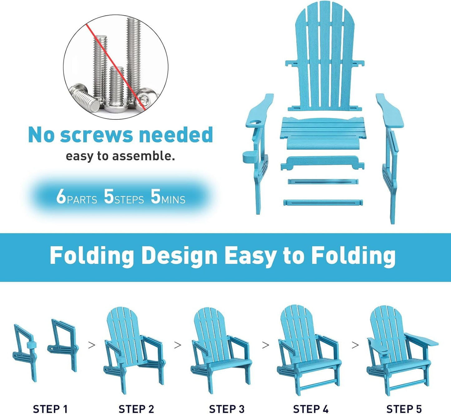 Adirondack Chairs Set of 2, Tool-Free Assembly All-Weather Plastic Adirondack Chairs, HDPE Fire Pit Chairs with Cup Holder, Outdoor Chair for Patio Garden（Lake Blue）