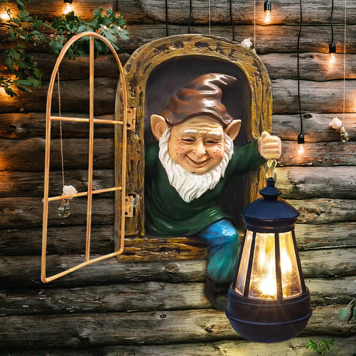 Whimsical Fairy Garden Gnomes with Solar Lights-10 Elf Out The Door Tree Hugger Garden Statues-Outdoor&Yard Decor-Tree Face Sculpture,Ideal for Patio,Wall,Yard