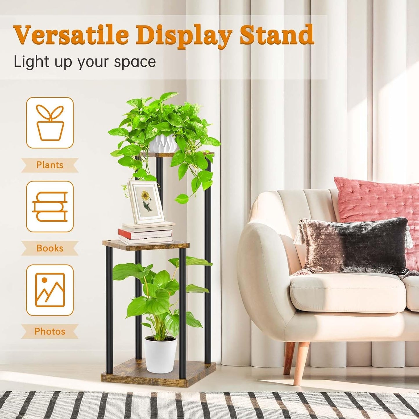 3 Tier Plant Stand Indoor, Metal Wood Tiered Corner Plant Stands Pot Holder, Wood Flower Shelf Orchid Display Rack for Living Room Bedroom Outdoor Balcony Garden Patio, Black