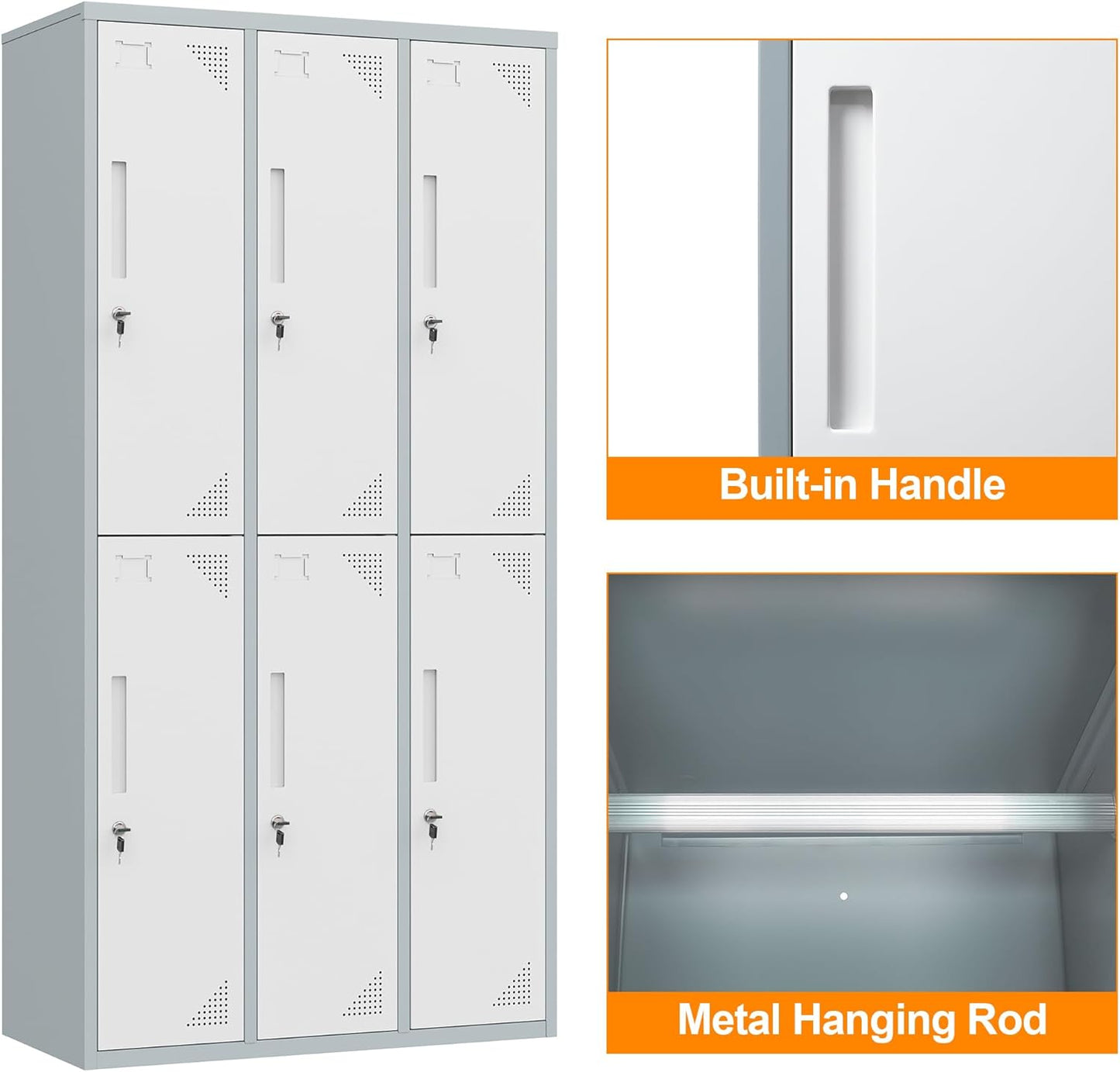 Metal Locker with 6 Doors Employees Locker, Metal Storage Locker with Hooks, 71" Storage Cabinet Lockers for Employees, Home, Office, Gym Requires Assembly (Grey White)
