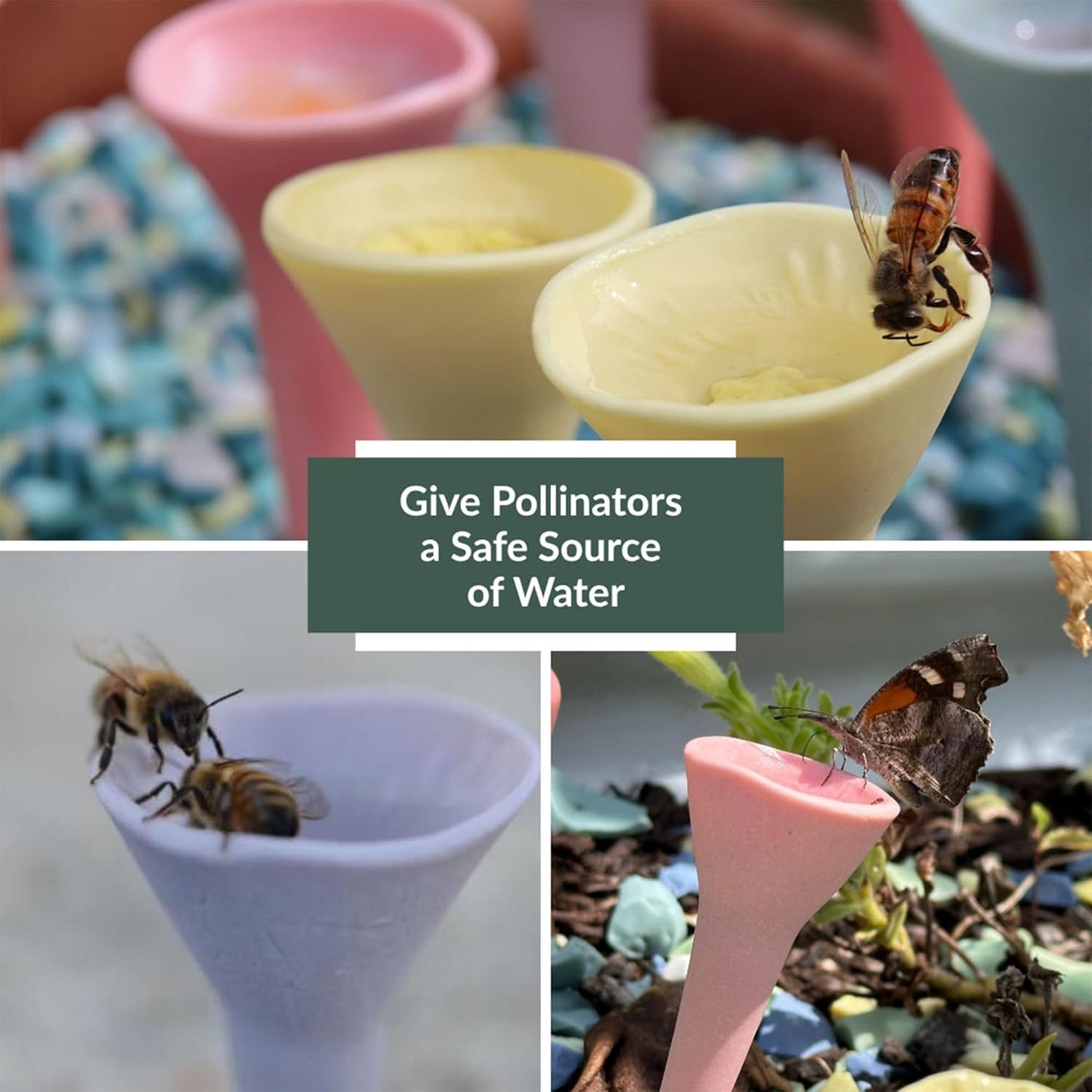 3 Pack, Bee Watering Station, Butterfly Feeder, Bee Feeder, Garden Decor, Bee Decor, Outdoor Garden Decor, Plastic Free, Handmade from Porcelain (3, Bees Knees Yellow)
