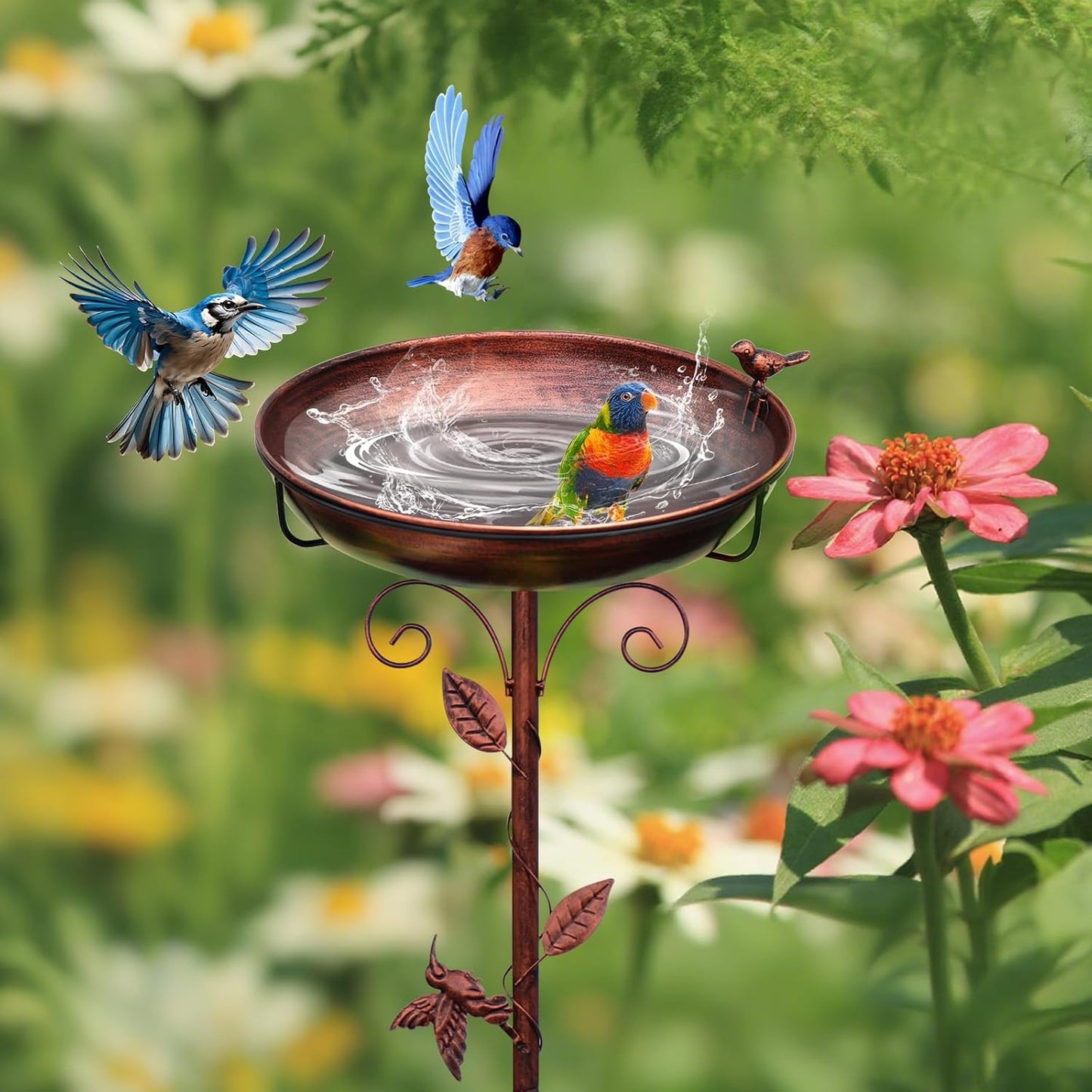 Metal Bird Bath for Outside with 2 Bird Decor, Hummingbird on Pole & Sparrow on Bowl, 38.5 Inch Height Garden Birdbath, 12 Inch Antique Bronze Freestanding Birdfeeder Bath for Yard Patio