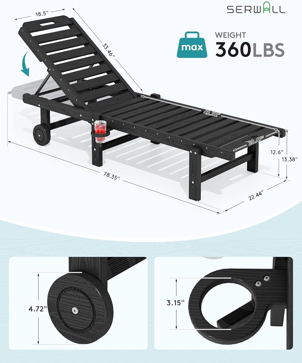 SERWALL Patio Chaise Lounge, HDPE Outdoor Lounge Chair with Cup Holder, 5 Positions Adjustable Poly Lounge Chair with Rolling Wheels for Poolside, Deck, Sunbathing, Black