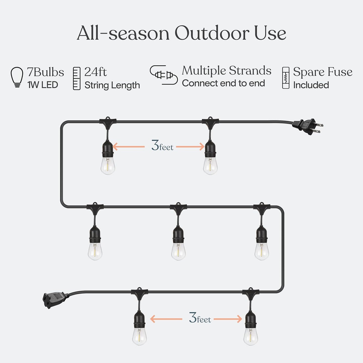 Brightech Ambience Pro LED String Lights - 24 Ft Commercial Grade Patio Lighting Outdoor Waterproof - 7 Heavy Duty Porch Lights for Outside, Christmas, Backyard - 1W Vintage Edison Bulbs, Dimmable
