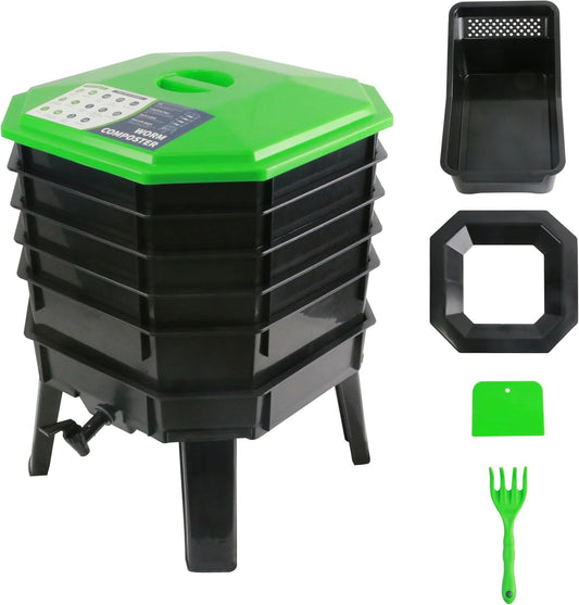 5-Layer Tray Worm Composter, Sustainable for Both Indoor & Outdoor, Worm Compost Bin for Vermicomposting Starter, Recycling Food Wastes