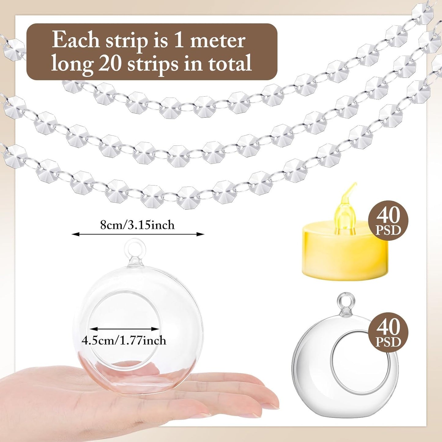 Booson 100 Pcs Hanging Candle Holder Glass Globes Orbs with Crystal Acrylic Gems Bead Garland Tea Lights Candles Holder for Wedding Party Tree Decor